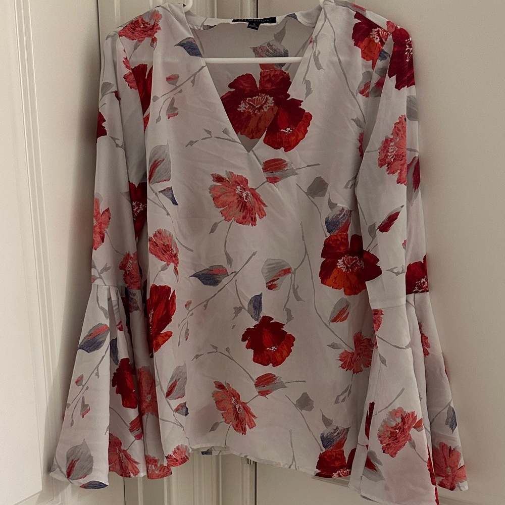 Banana Republic Floral V-Neck Blouse - Red and Gray